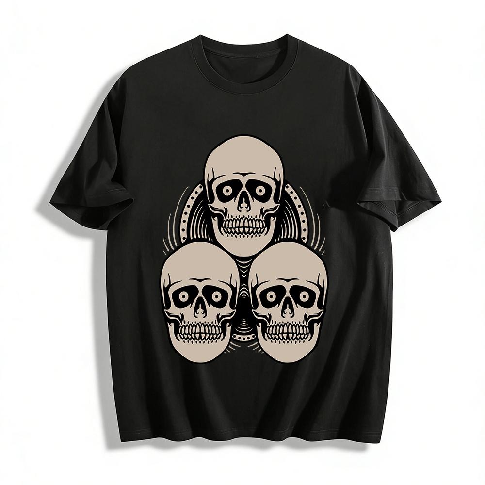 Three Skull Print Dark Style T-Shirt Cool Street Casual Top Pure cotton T-shirt XXS
