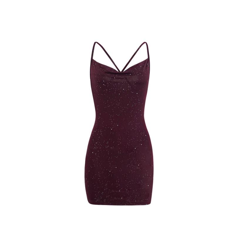 Vestido feminino com decote em V, dourado, sexy, slim, alça cruzada