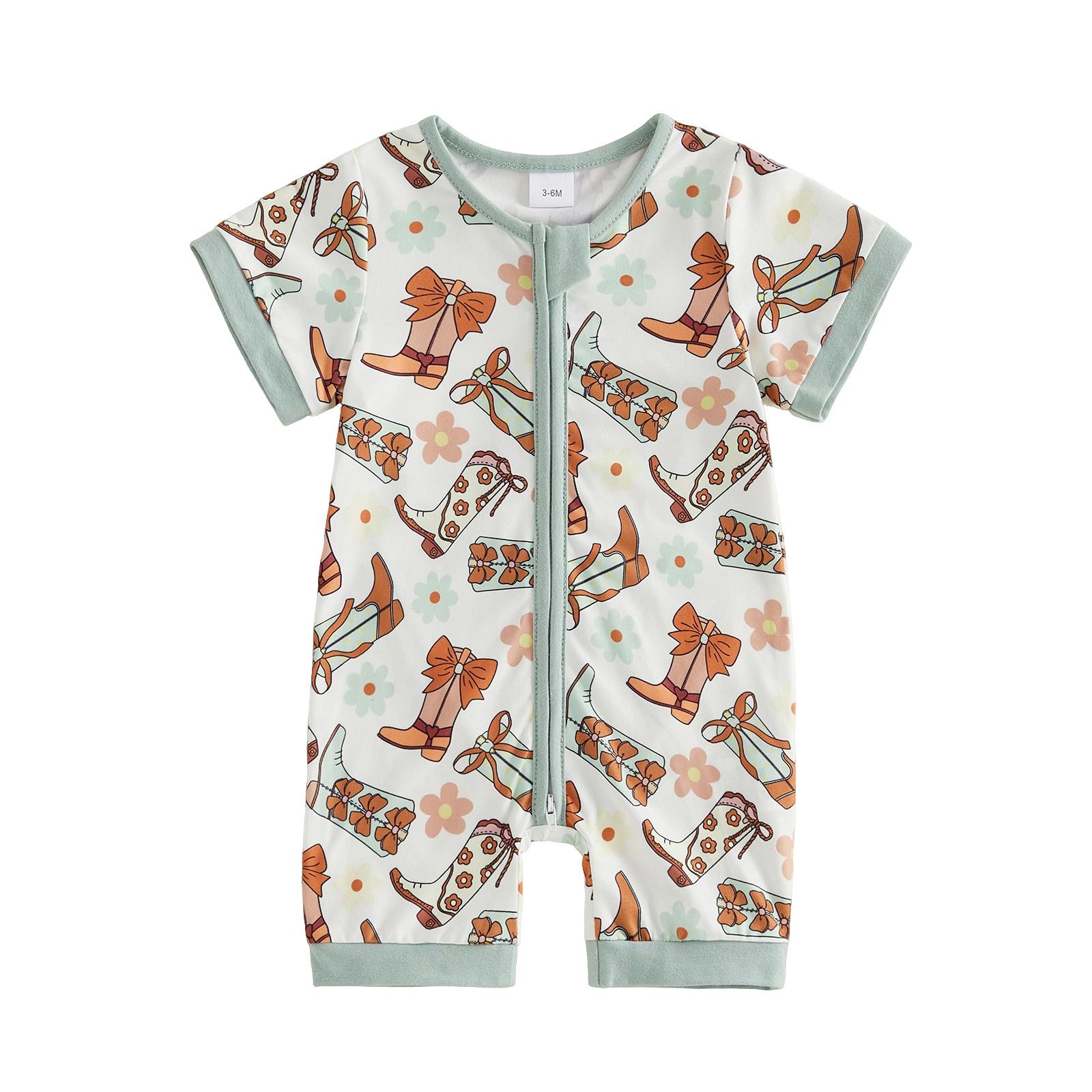 

Infant Baby Girl Romper Summer Short Sleeve Crew Neck Western Style Boots Horse Floral Print Jumpsuit 12-18M зелений