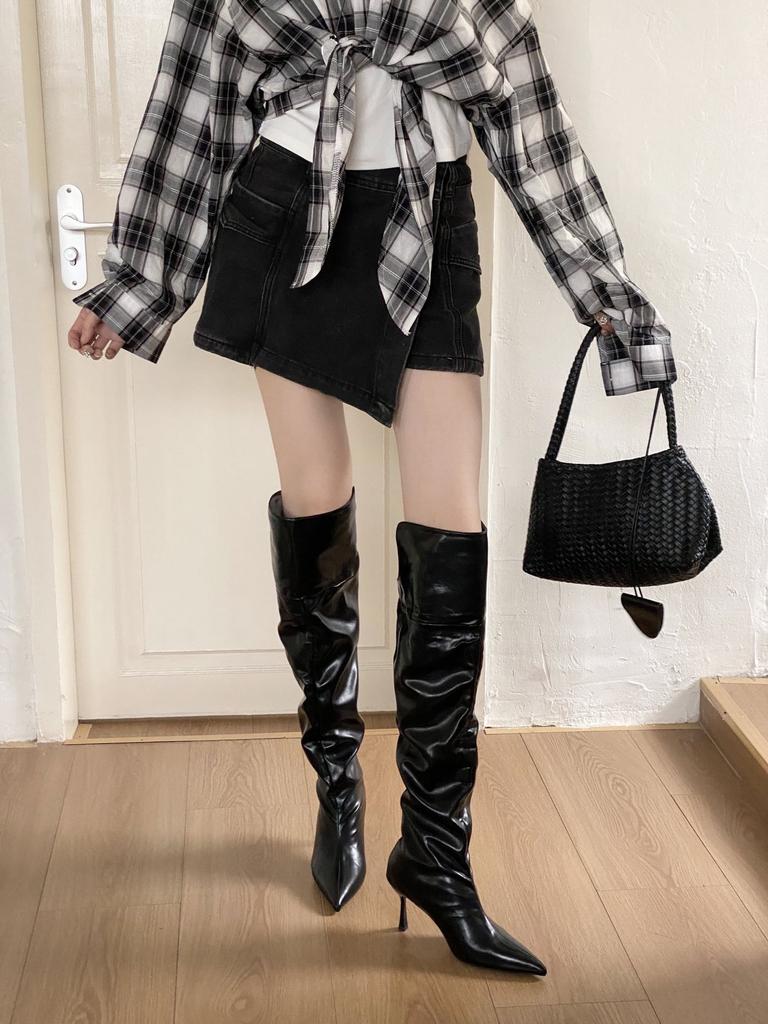 2025 new European and American style pointed and thin piled up over the knee two wear high-heeled boots