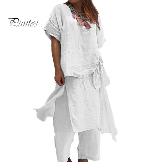 

Женский комплект из хлопка и льна, состоящий из двух предметов: короткий рукав, круглый вырез, завязка по бокам, верх и широкие брюки, повседневный комплект для отдыха XL белый