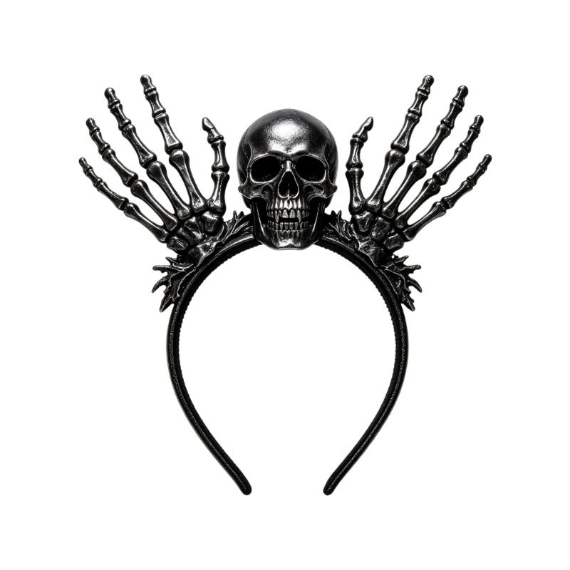 Halloween Skull Headband Complete Costume Hair Accessory with Black Skeletal Hand Design for Cosplay Parties and Photo Booth Styling