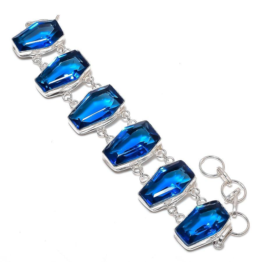 

Natural Blue Topaz Gemstone Handmade 925 Sterling Silver Bracelet 7-8 j5d44
