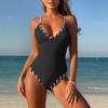 Women’s Swimsuit Ribbed V Neck with Adjustable Spaghetti Straps and Decorative Trim Swimsuit for Beach Pool