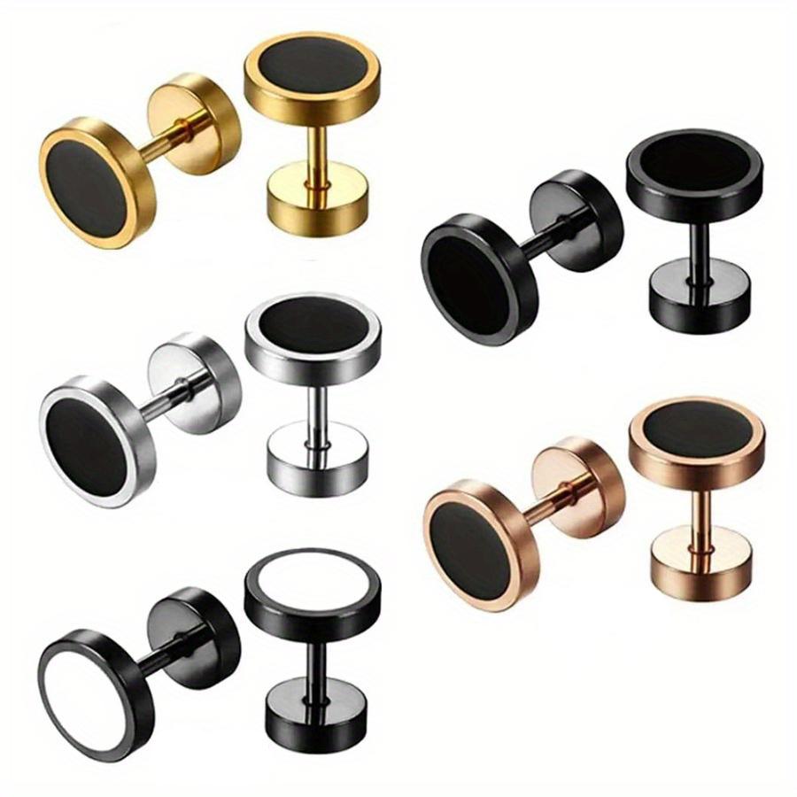 2pcs Unisex Punk Stainless Steel Simple Drip Oil Double Side Barbell Dumbbell Round Stud Earrings for Men Women Hip Hop Jewelry