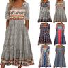 Vintage Floral Print Cotton Summer Midi Dress Women Ethnic T-Shirt Dress