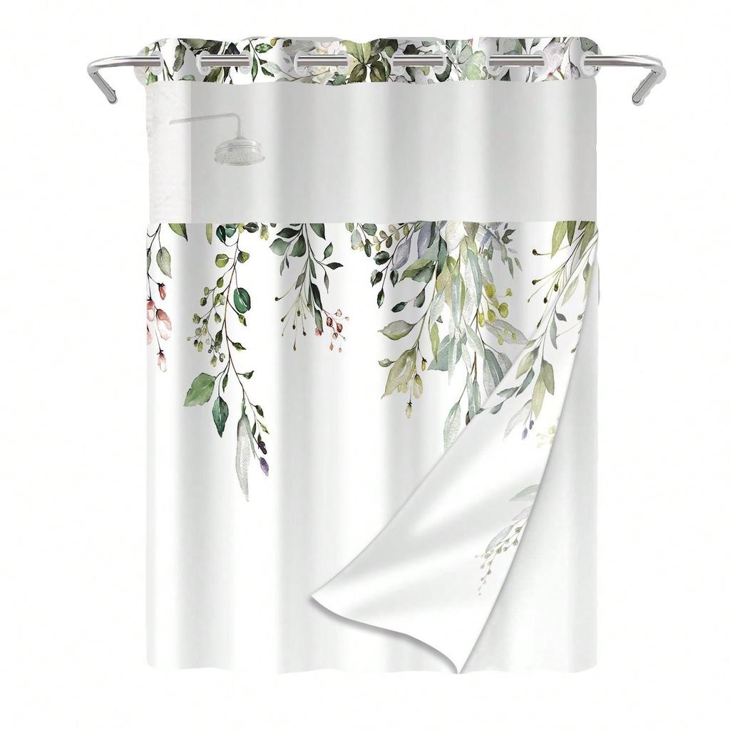 Plants Pattern with Hook Waterproof Shower Curtain, Removable With , Perfect For Bathroom Decor In Winter,   Single-layer Design