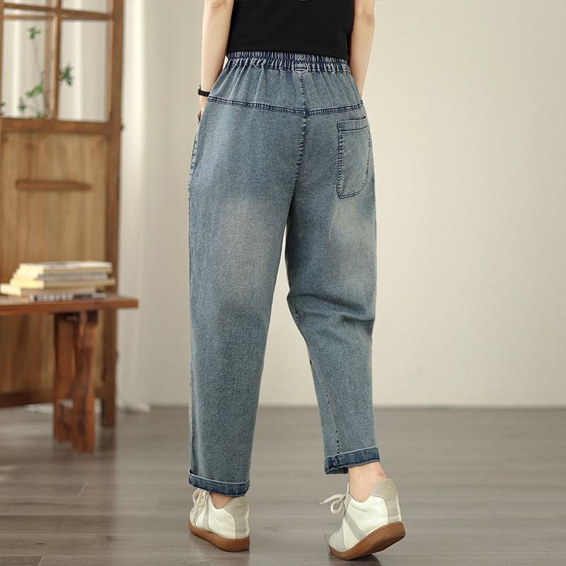 Plus Size Vintage Embroidery High Waist Casual Loose Women Spring Summer Autumn Jeans Denim Harem Pants