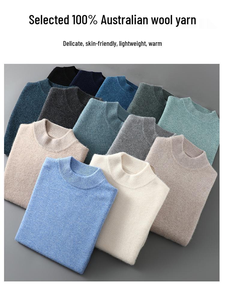 Men's 100% Wool Half-High Neck Loose Knit Sweater - Autumn/Winter Cashmere Pullover