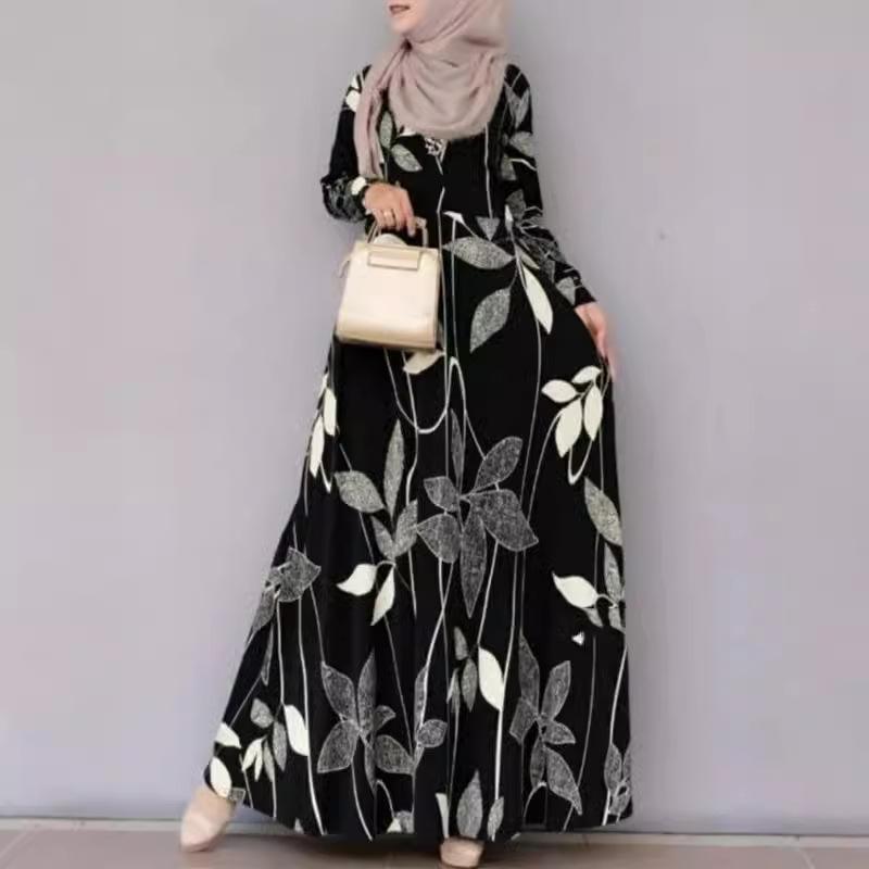 Cross-border 2025 Bohemian Floral Print Muslim Women's Sundress with Long Sleeves and Big Swing