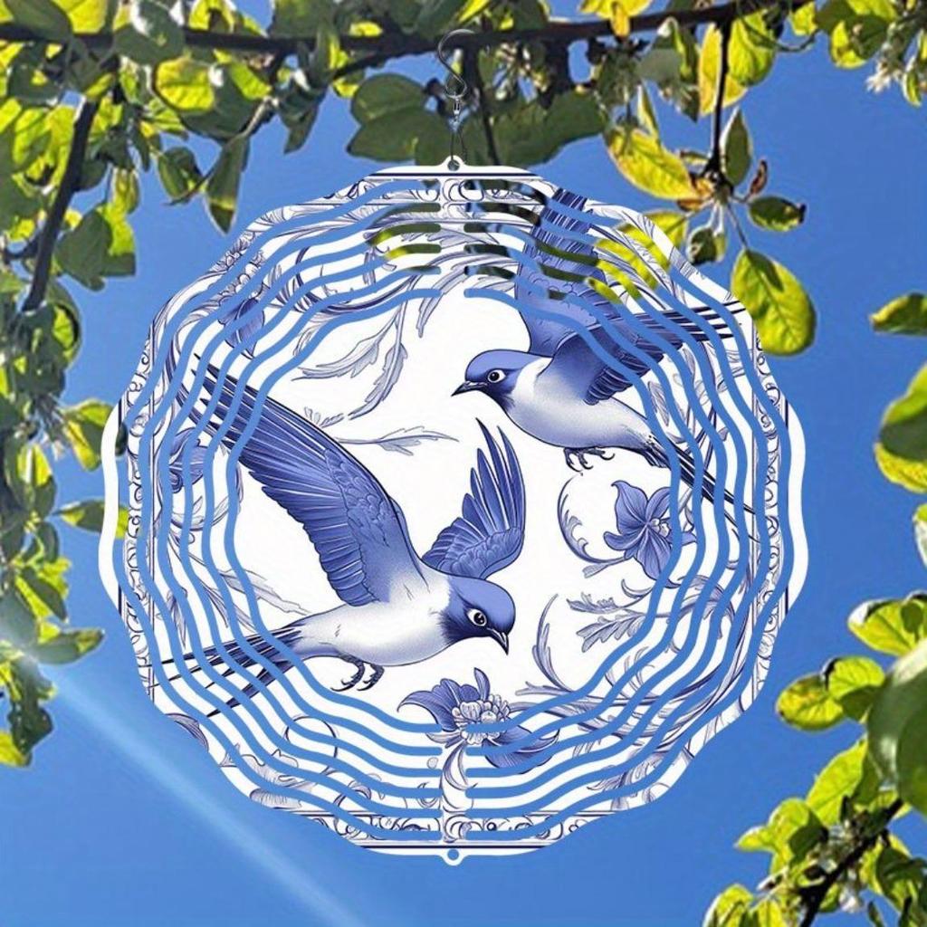 Hand Painted Blue Floral Swallow Wind Chime Outdoor Garden Patio Decor Weatherproof 2D Art with 360 Rotating Hook Holiday Decoration