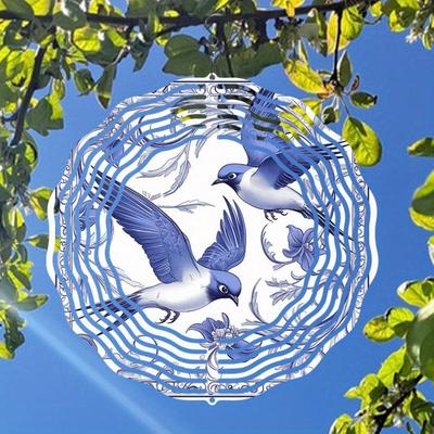 Hand Painted Blue Floral Swallow Wind Chime Outdoor Garden Patio Decor Weatherproof 2D Art with 360 Rotating Hook Holiday Decoration