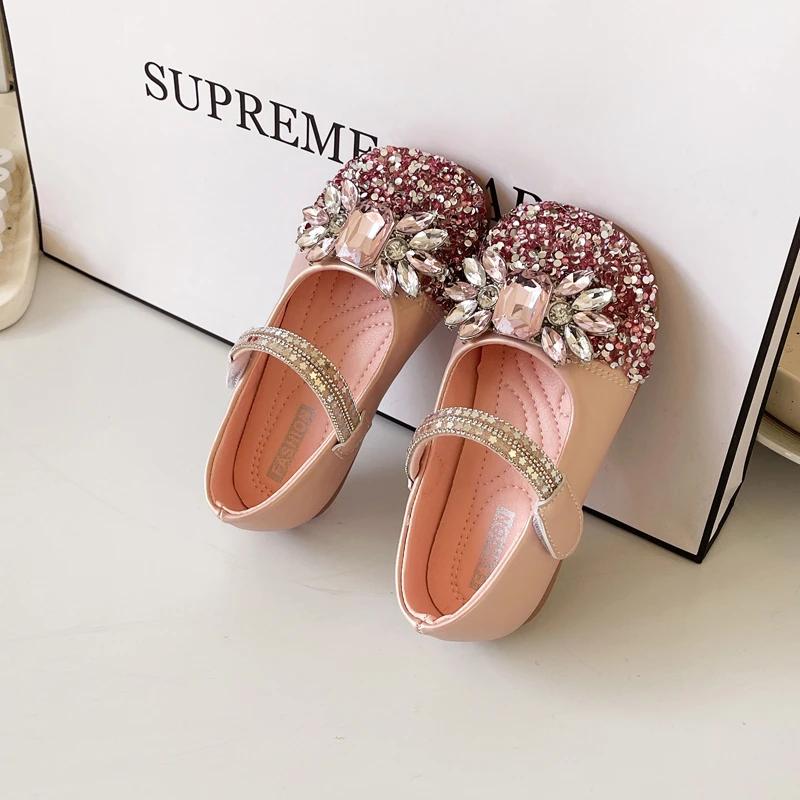 

Girls Dance Shoes Shiny Sequins Crystal Kids Princess Shoes Wedding Performance Spring Autumn Girls Leather Shoes Non-slip 24