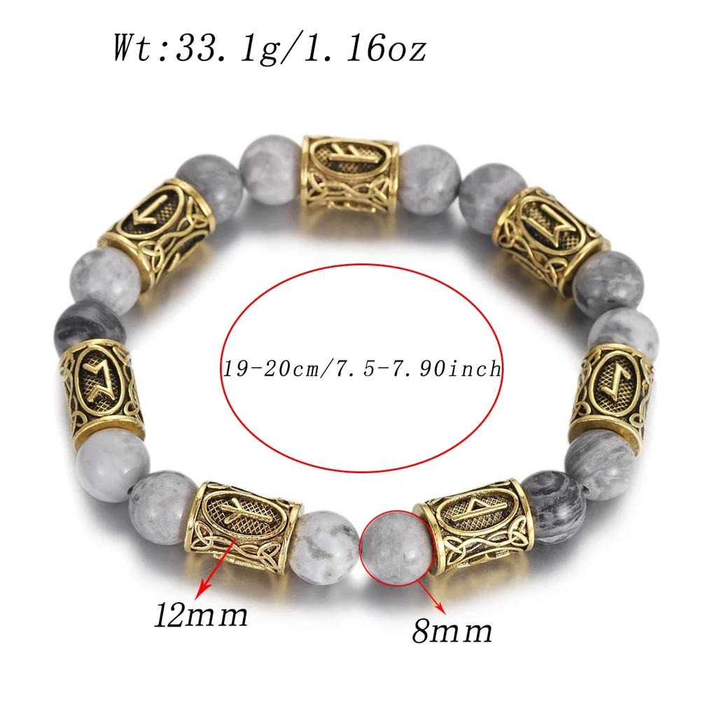 Classic Gold Vikings Runes Bracelet 8Mm Lava Stone Handmade Elastic Jewelry for Women Men