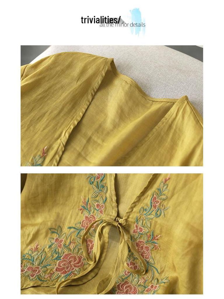 Women's 2024 Spring/Autumn Cotton Linen Retro Embroidered Blouse - Sunscreen Shawl Dress Shirt with Lace-Up Detailing.