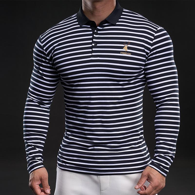 Herre Stripet Basis Skjorte for Menn med Halvhøy Hals Lange Ermer Nytt Temperament Vår og Høst T-skjorte Bomull