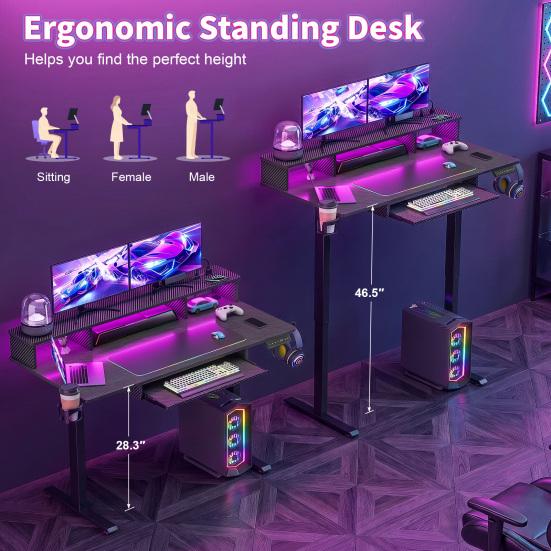 Stehschreibtisch Elektrischer Schreibtisch 48" x 24" Höhenverstellbar Gaming mit Steckdosen & LED-Leuchten Ergonomischer Sit-Stand-Auf-Ab Computer Tisch