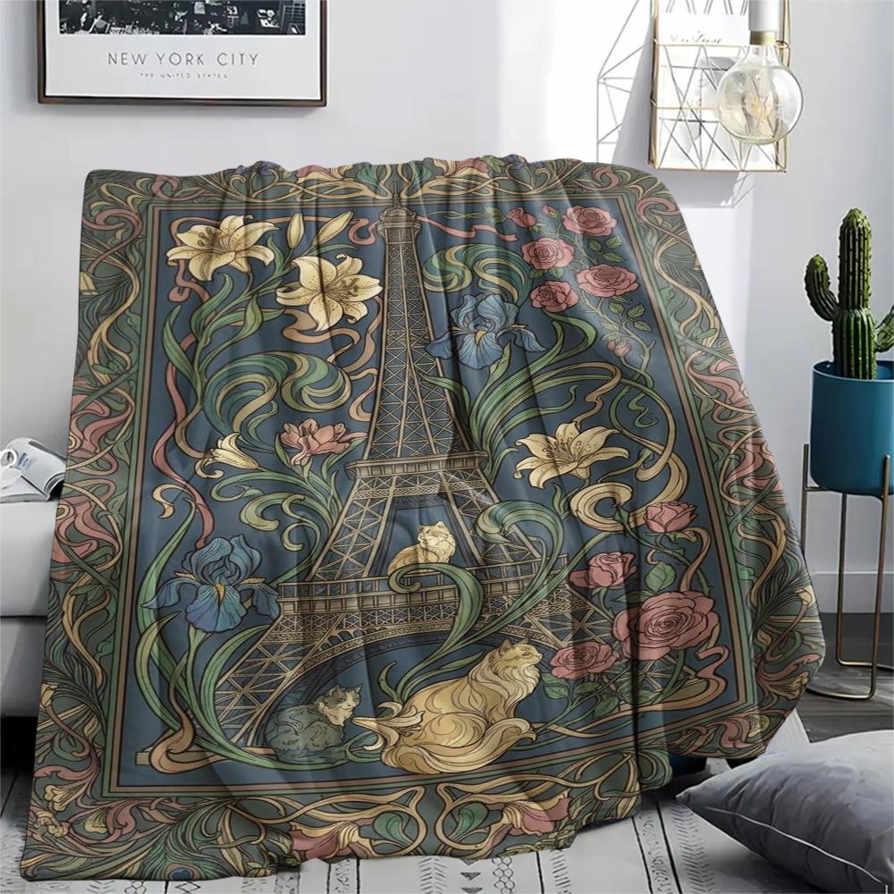Paris Eiffel Tower Print Flannel Blanket, High quality Comfortable for All Seasons, Home Decor, Warmth and Comfort, Perfect for Christmas Gifts90