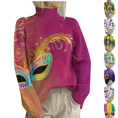 Damenmode, lässig, langärmelig, Rollkragen-Strickoberteil mit Karnevalsdruck