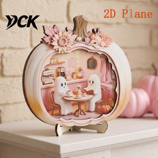 Cute Pastel Pumpkin Ornament Halloween Ghost Wooden Plaque, 2D Flat Tabletop Sign, Handmade Sign Spooky Bathing Reading for Home Office Mantel