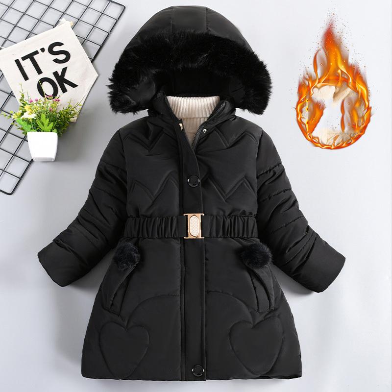Winter Costume For Girls, Coat With Fur Collar And Belt, Warm Jacket With Hood On Cotton Lining, Children's Jacket