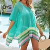 Women Bikini Cover Up V-Neck Drop-shoulder Sleeves Hollow Beachwear Dress Side Split Color Block Crochet Swimsuit Cover-ups