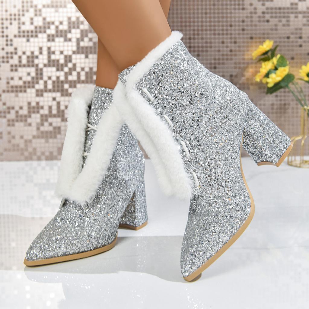 European and American Sequined Fashion Short Boots Autumn New French Pointed High-heeled Ethnic Furry Edge Short Boots
