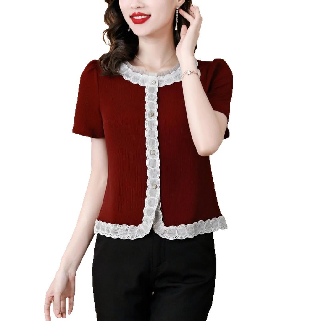 2025 Sommer Patchwork Spitzenbesatz Damen Schlankmachende Bauchbedeckende Bluse - Kurzarm Süßes Oberteil
