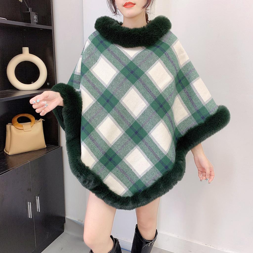 Women Plaid Print Poncho Pullover Soft Fleece Shawl Collar White Background Cozy Winter Cape Top