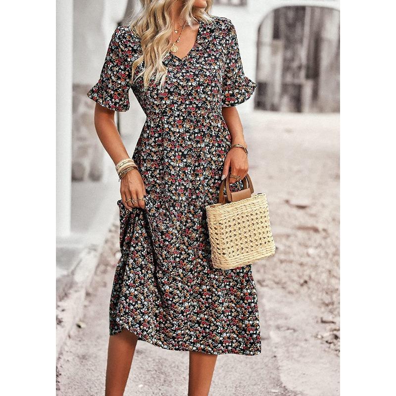 V-neck Short Sleeve Floral Printed Dress Summer Fashion Elegant Loose Long A-line Party Dresses Casual Bohemian Beach Slim Fit Elegant Clothing