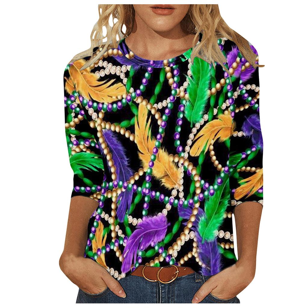 Long Sleeved Glamorous Mask Patterned Top Carnival Themed Printed Women's T-shirts