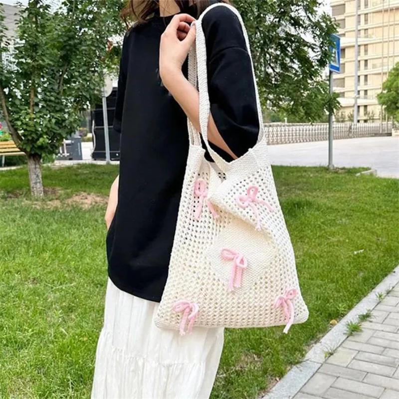 Preppy Style Crochet Tote Bag with Butterfly Accents Solid Color Polyester Shoulder Bag Foldable Fashion Beach Bag