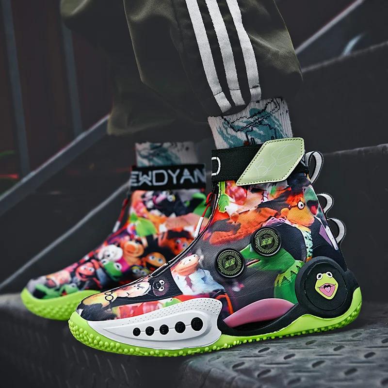 Basketball shoes high top zipper graffiti wear real combat student net surface breathable cement star sports men's shoes