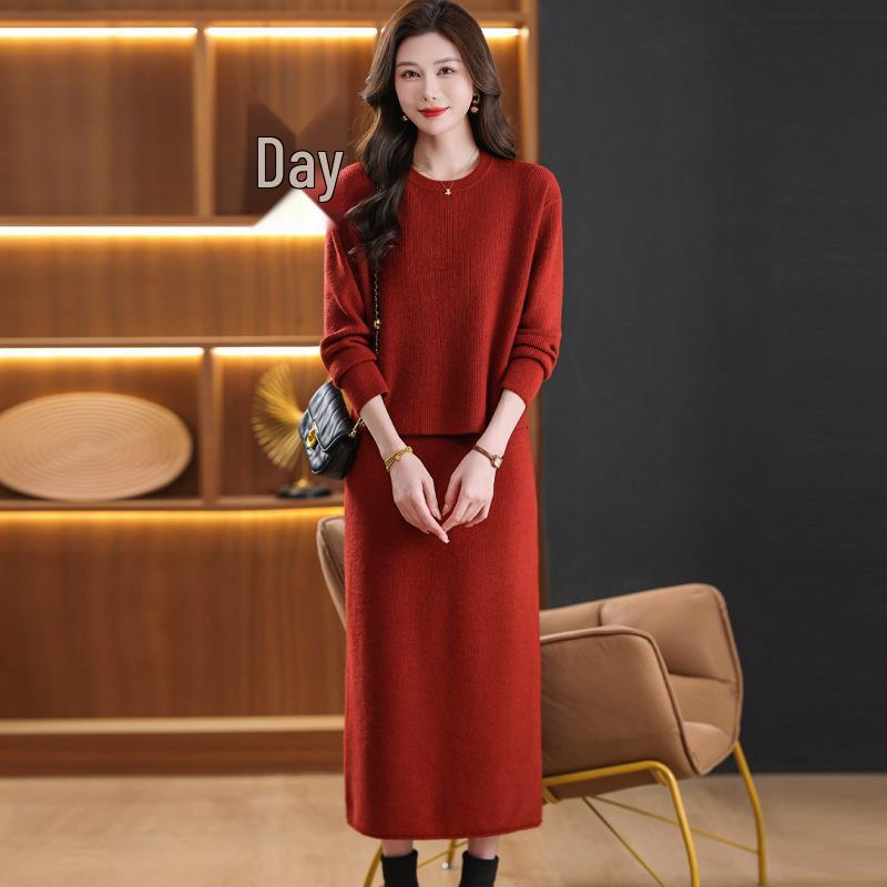 Japanese Batwing Sleeve Two-Piece Set: Fashionable Pullover & Split Skirt In Small Fragrance Style.