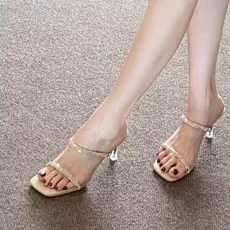 Thin heel transparent one-word strap high heel half-drag women's sandals 2025 summer new rhinestone high heels fairy style slippers