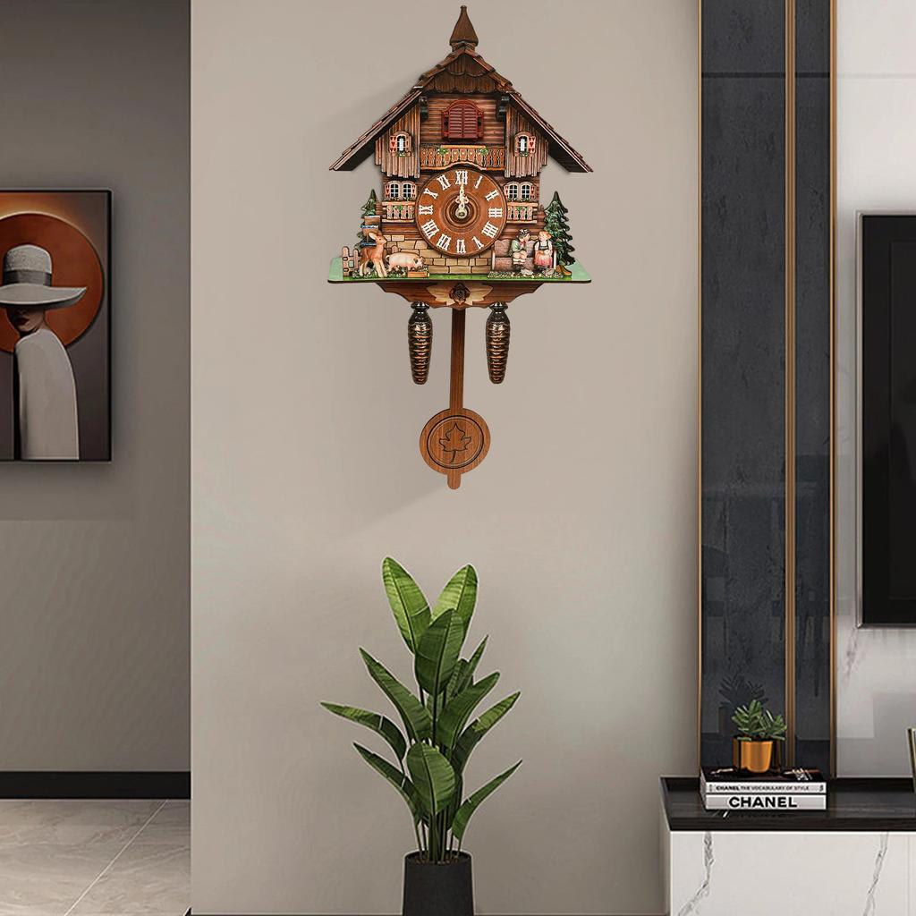 Wooden Cuckoo Clock Multi-Colored Decor,Modern House-Shaped Wall Clock for Home & Office - Battery Powered,Auto-Chime 7:00-21:00