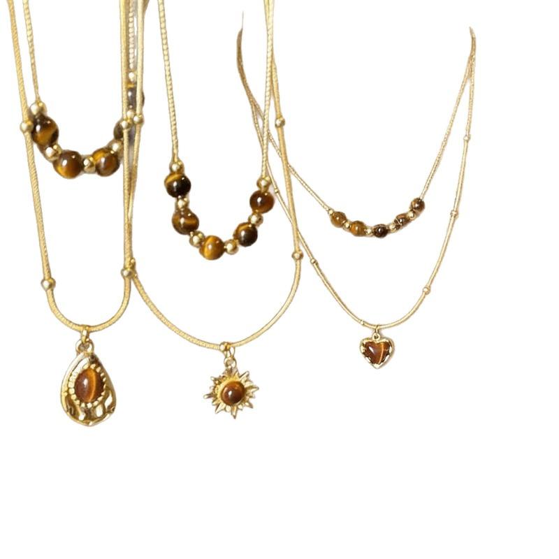 Tiger-eye Stone Necklace - Vintage Beaded Sweater Chain - Women's Small-scale Luxury High-end Style Pearl Neck Chain