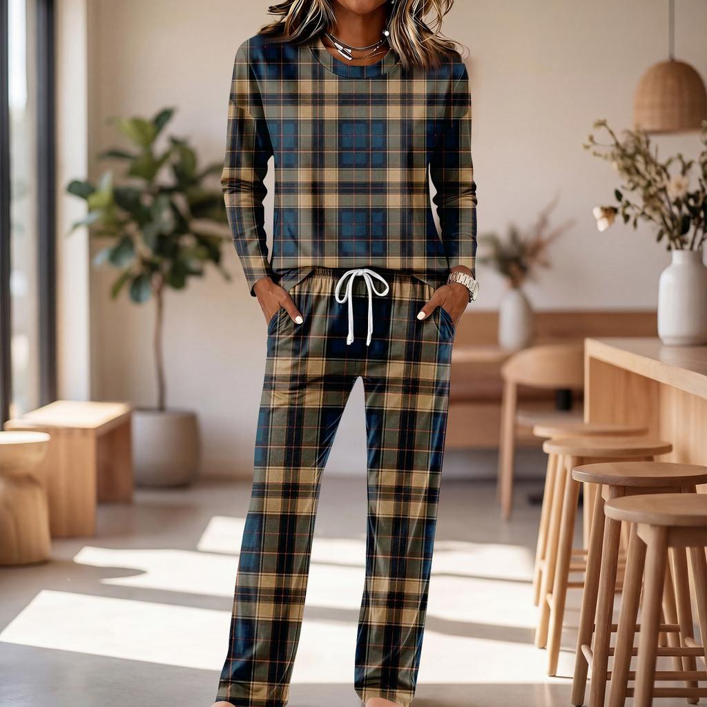 Set Pigiama da Donna a Manica Lunga con Scollo Rotondo, Coulisse e Gamba Larga per Casa e Sonno Casual