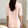 Fashionable Women's Loose Cotton And Linen Retro Collar Color Shirt, Short Sleeve