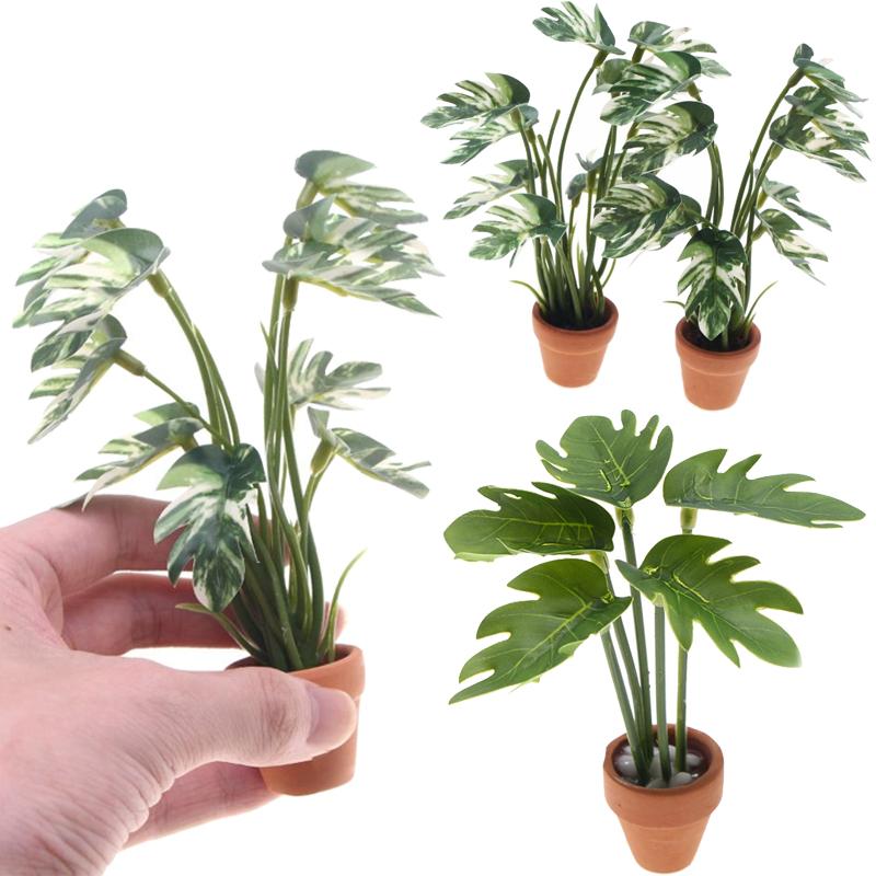 1/12 Dollhouse Miniature Simulation Monstera Green Plant Potted Micro Landscape Garden Bonsai Model Doll House Decoration