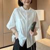 2025 French Women's Black Puff Sleeve Summer Shirt - Short-Sleeved, Loose Fit, Slimming Style
