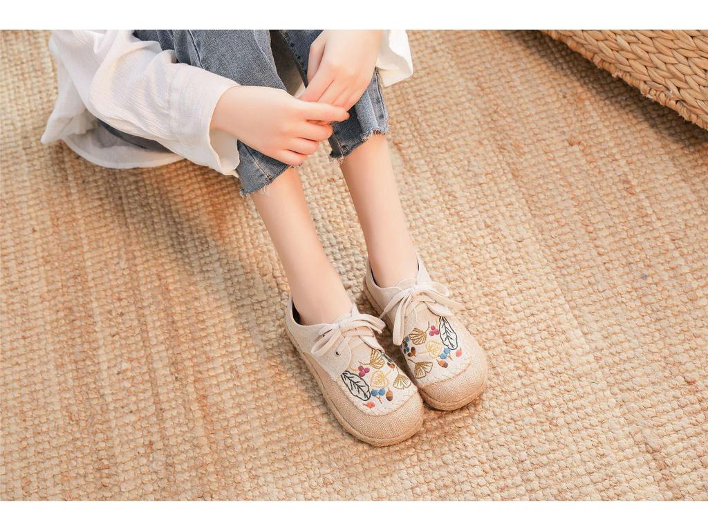 DX-23 Women's Autumn Linen Casual Shoes - Ethnic Embroidery, Lace-up Design