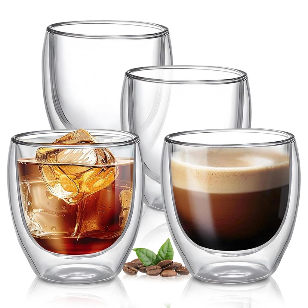 4PCS Glass Coffee Mugs , Double Wall Insulated Thermal Cups, Clear Glass Coffee Cup for Tea/Juice/Milk, Cappucino Espresso Mug