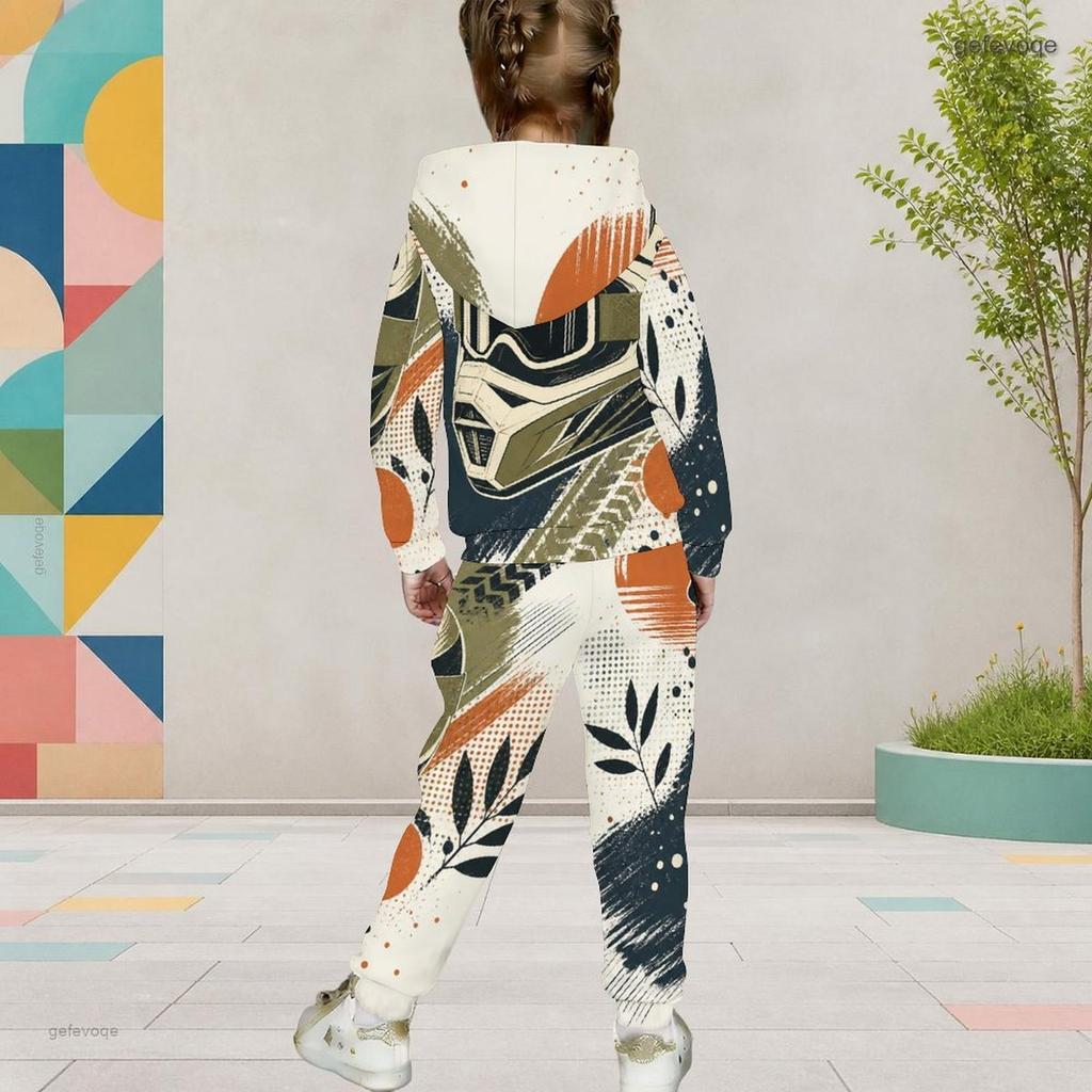 Girls Hooded Long Sleeve Printed Casual Two Piece Outfit Kangaroo Pocket Cuffed Pants