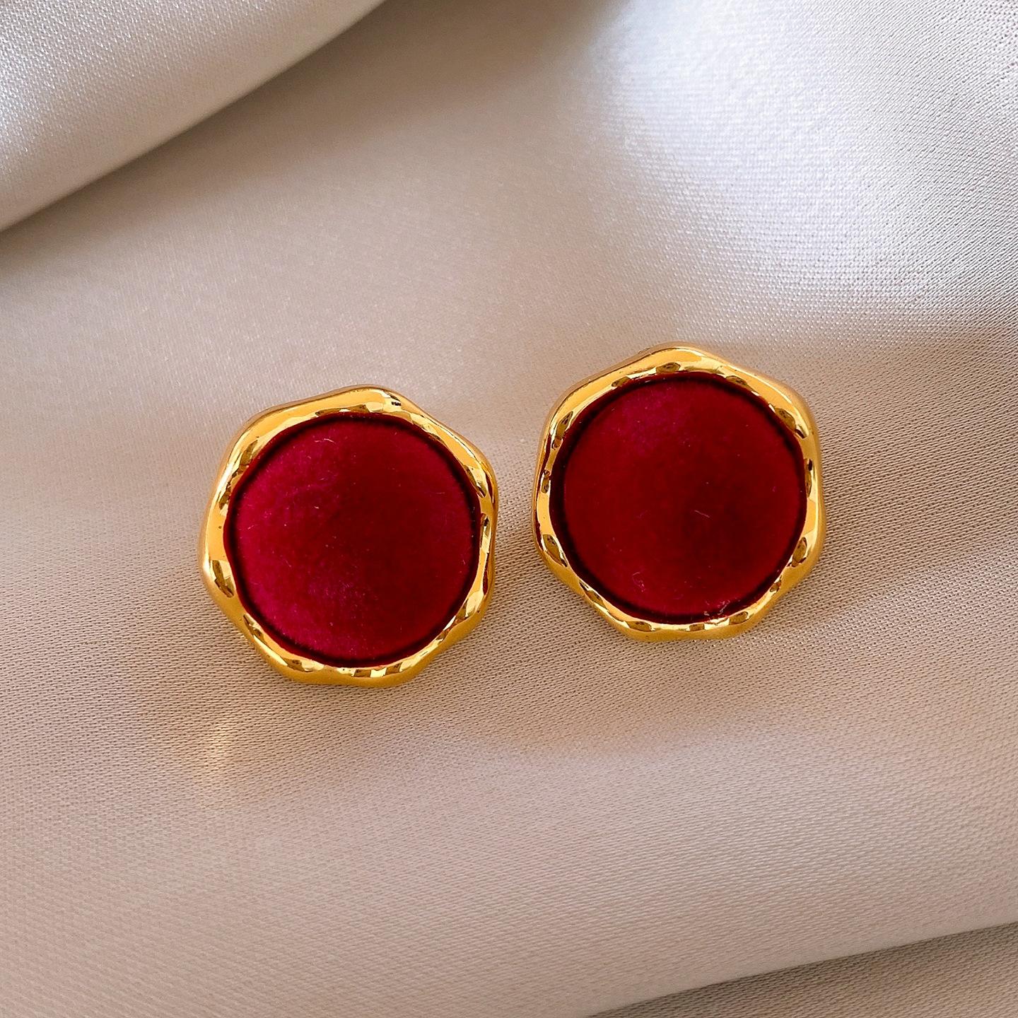 Retro flocking round square earrings stud earrings simple niche earrings women