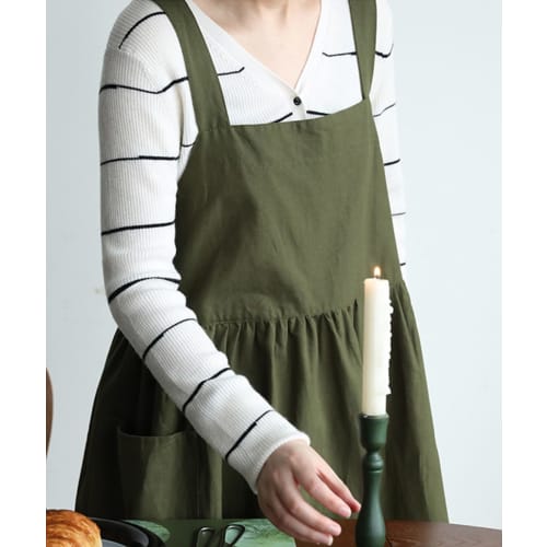 Aimoha Cafe Apron, Flared Dress Apron, Women's, Gardening Apron, 100% Cotton, Natural Cafe-Style Apron (Green)