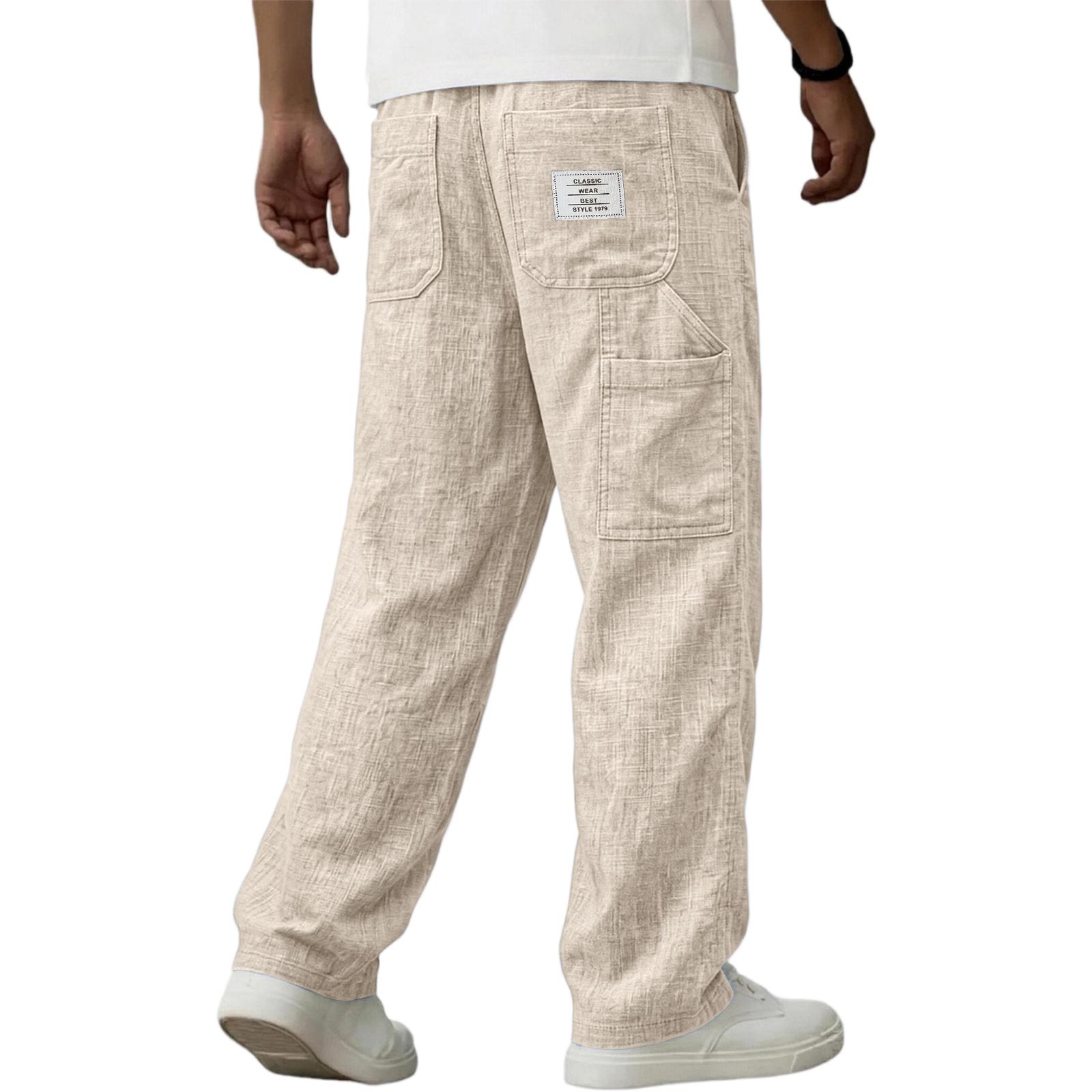 Atmungsaktive Baumwoll-Leinen Casual Hose für Herren mit Taschen Farbe Alltags Hose XXXXXL khaki