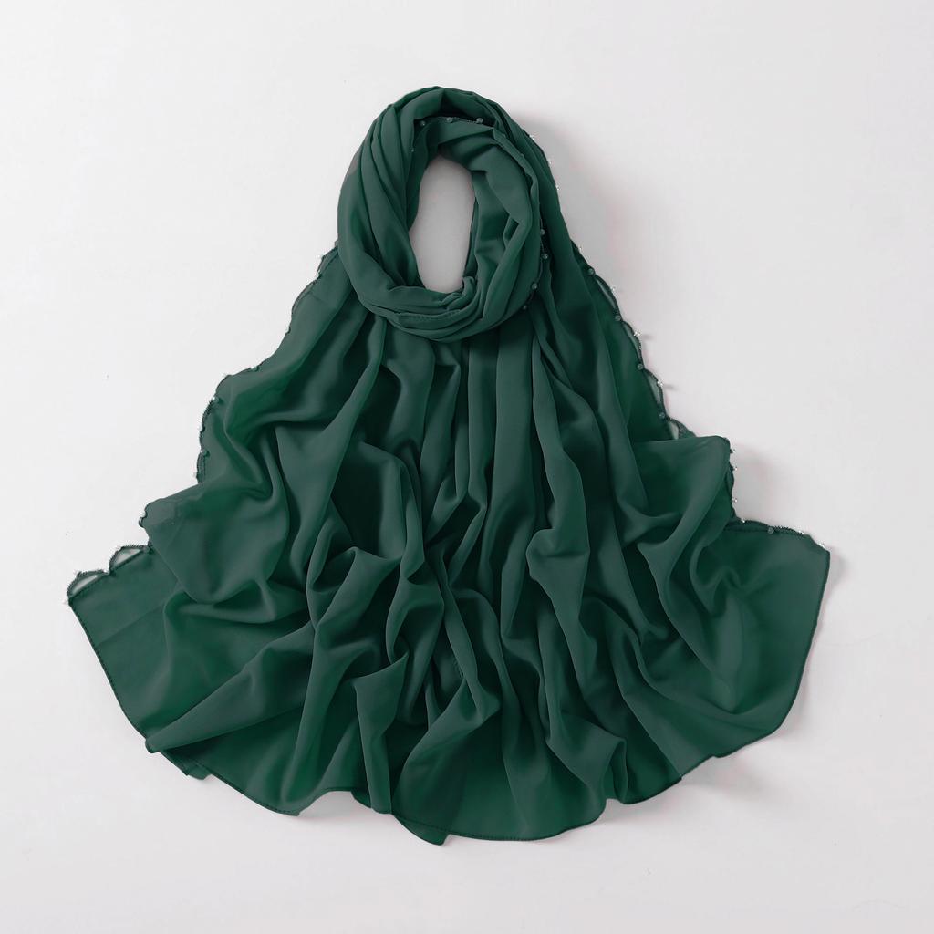 Pearl Edge Chiffon Hijab Scarf Women Muslim Long Shawl Soft Plain Head Wrap Beaded Border Lightweight Islamic Turban