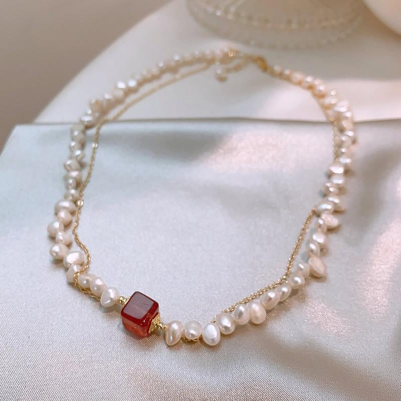 Nuovo Arrivo Elegante Collana da Donna in Oro 14K Riempito con Perle d'Acqua Dolce Naturali e Quarzo Fragola Quadrato per Regali