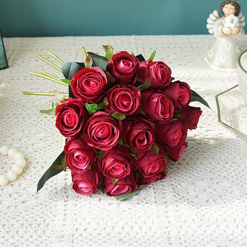 

18 голов/пучок поддельные розы ручной искусственный шелковый цветок для свадьбы украшение дома свадебный букет бордовый